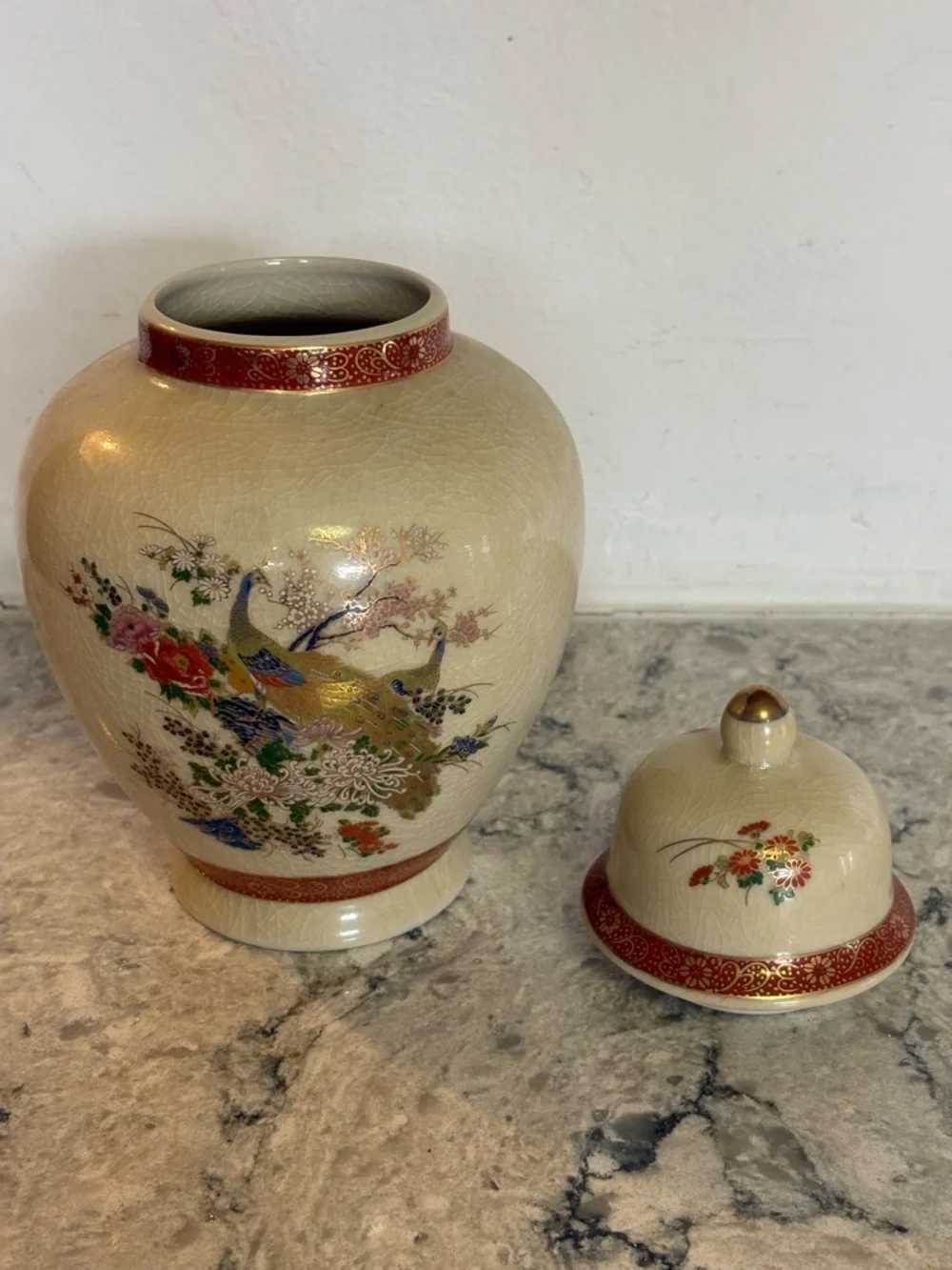 Sathuma Japan Lidded Ceramic Jar in Cream with Red Gold Accents Birds Floral